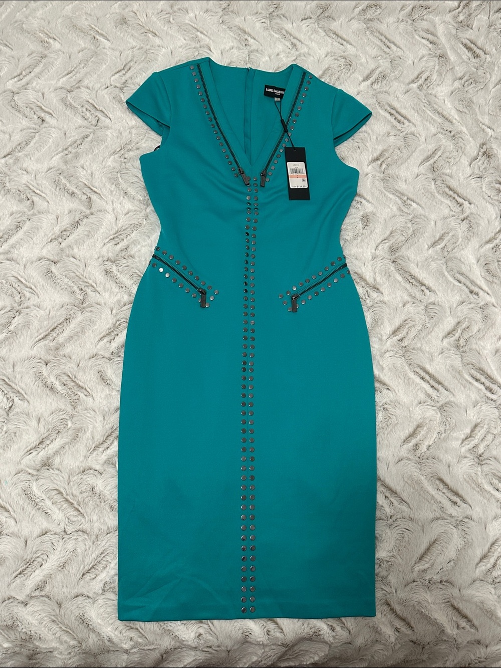 Karl Lagerfeld Teal Stud-Trim V-Neck Midi Dress